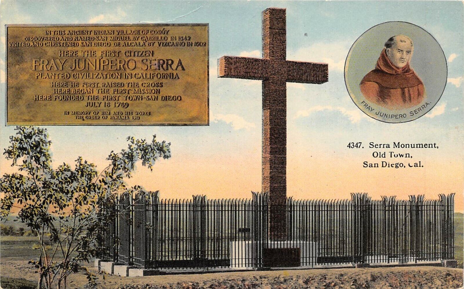 San Diego California c1910 Postcard Old Town Father Fray Junipero Serra Monument