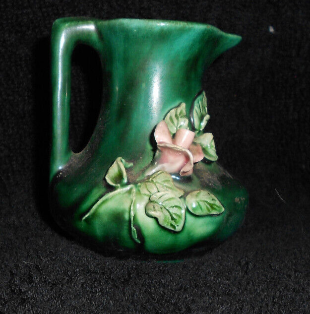 Small Green Pitcher  Pink Rose Majolica  3”
