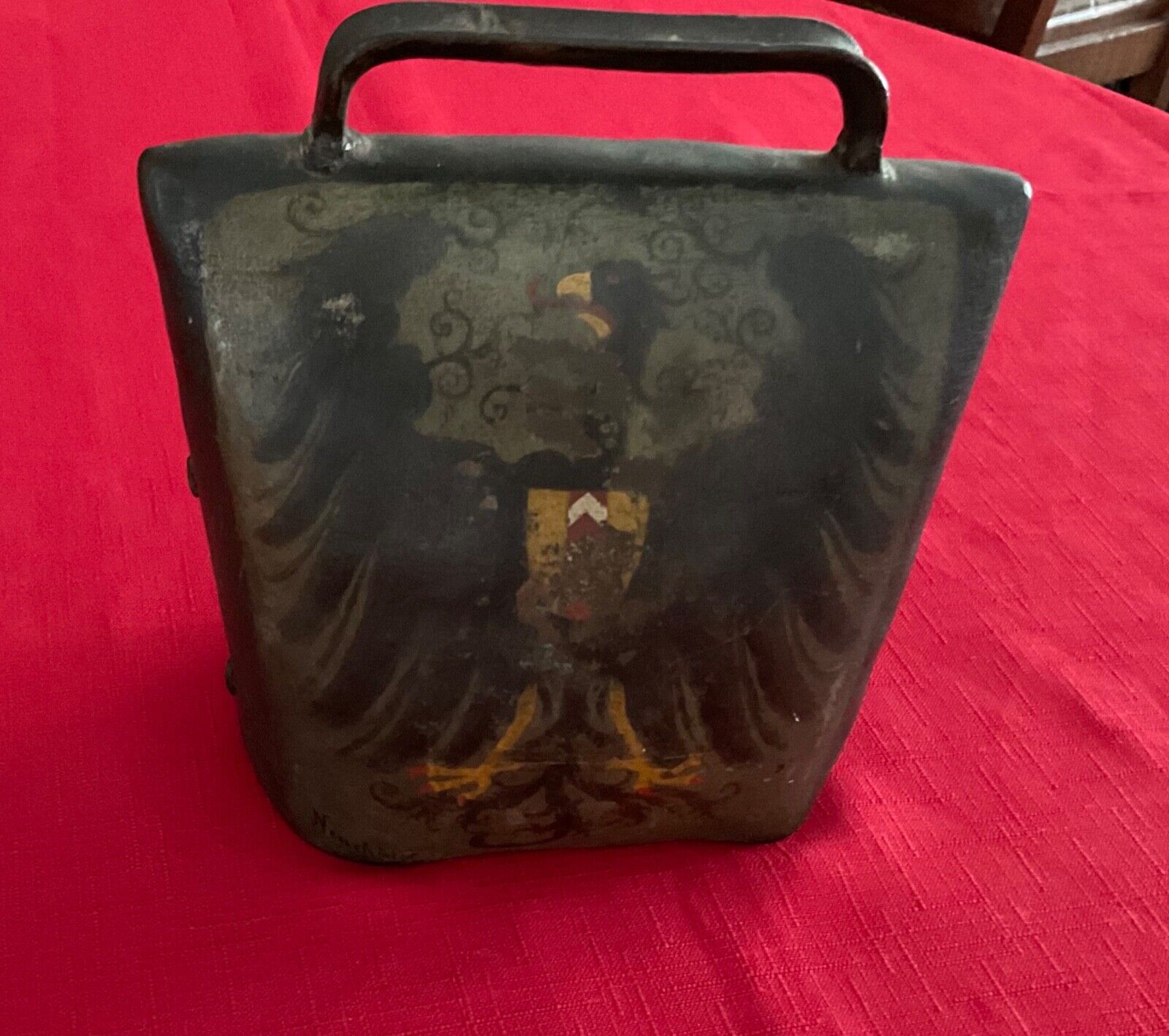 Antique Swiss Hand Made Large Iron Cow Bell Painted Eagle Signed Neuchatel