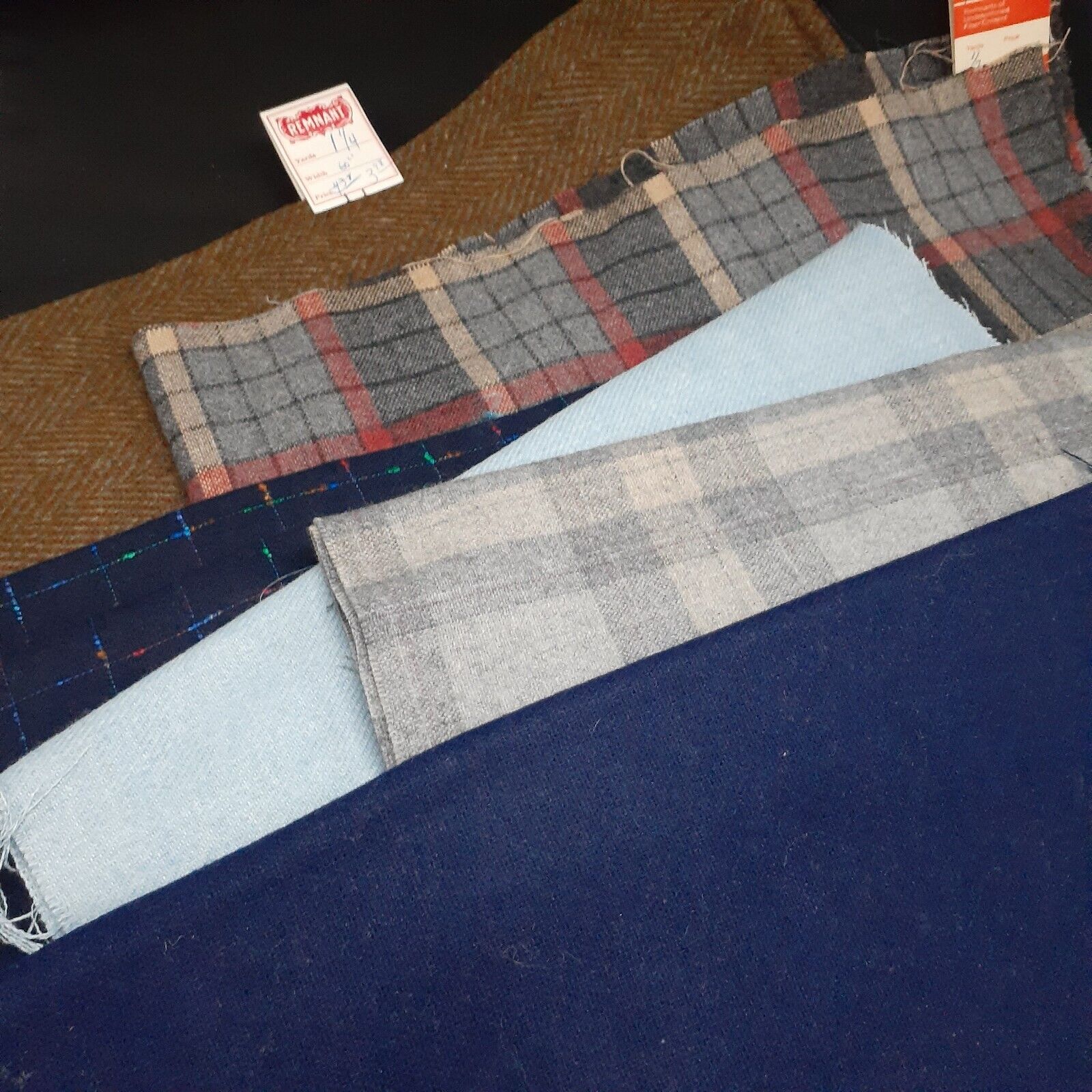 Vintage Wool Fabric 3 Yards Assorted Blue Brown Plaid Tweed 1970s