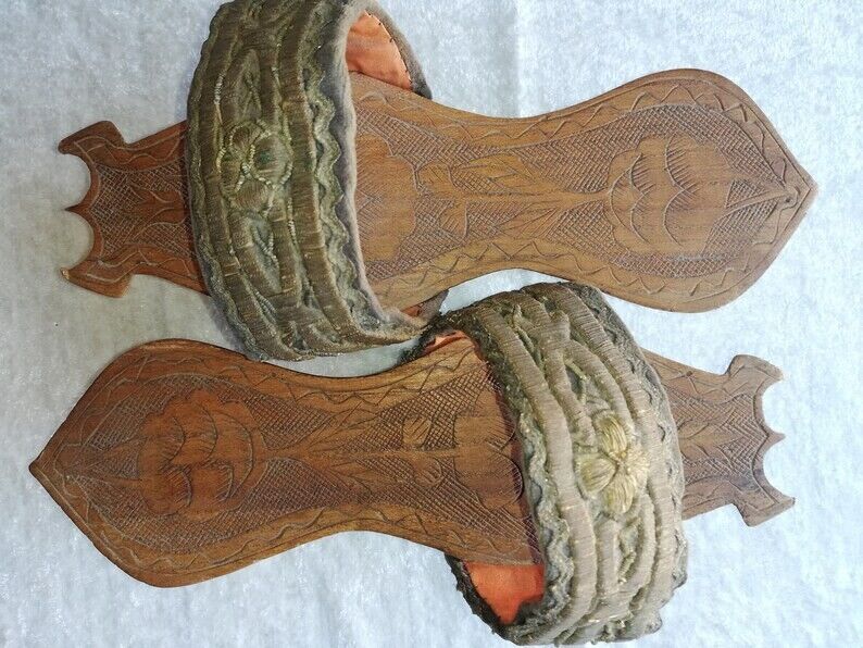 1910s Ottoman Turkish Traditional Hand Carved Wooden Bath Clogs Embroidered Rare