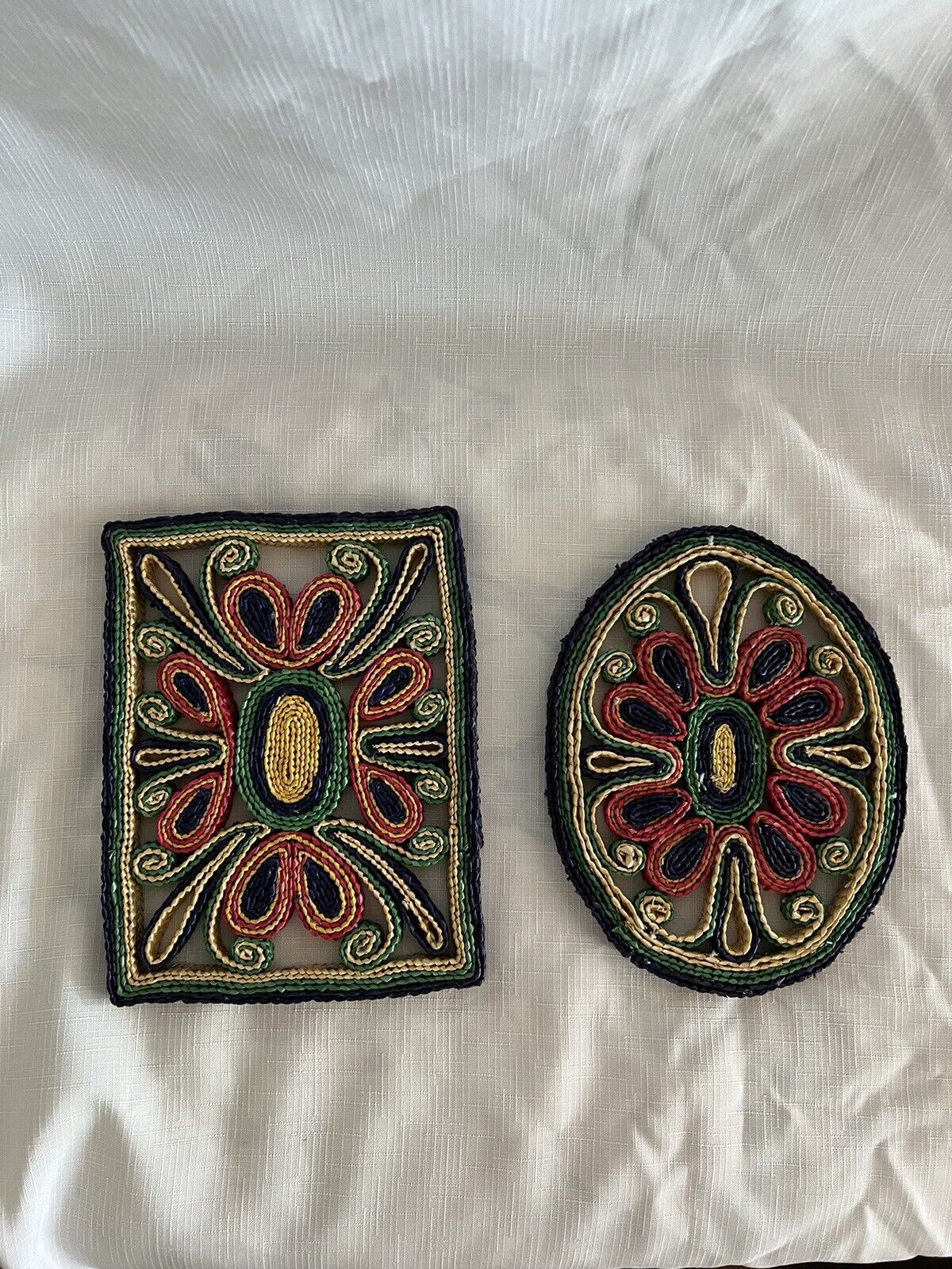 Vintage Colorful Straw Woven Trivets Set Of 2