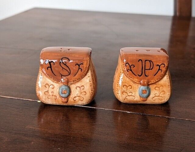 Bohemian Kitschy Style Carved Leather Purse MCM Ceramic Salt and Pepper Shakers