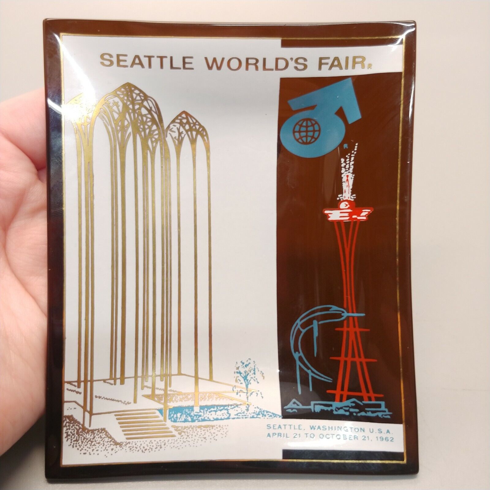 Seattle Worlds Fair Glass Tray Souvenir 1962 Vintage MCM Mid Century Modern