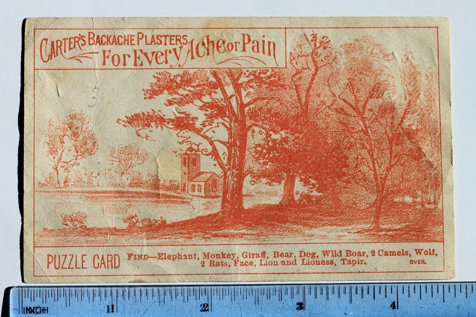 Victorian Puzzle Trade Card, Carters Backache Plasters, Carter Medicine Co. N.Y.