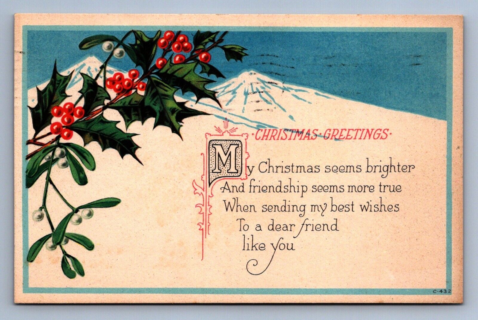 Postcard Vintage Postmarked 1925 Christmas Greetings Mistletoe Blue Mountain