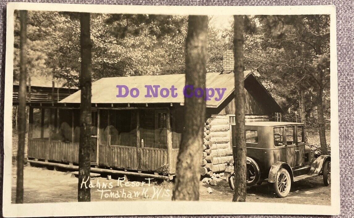 Tomahawk WI Kahn’s Resort Log Cabin Old Car Real Photo Postcard RPPC Wisconsin