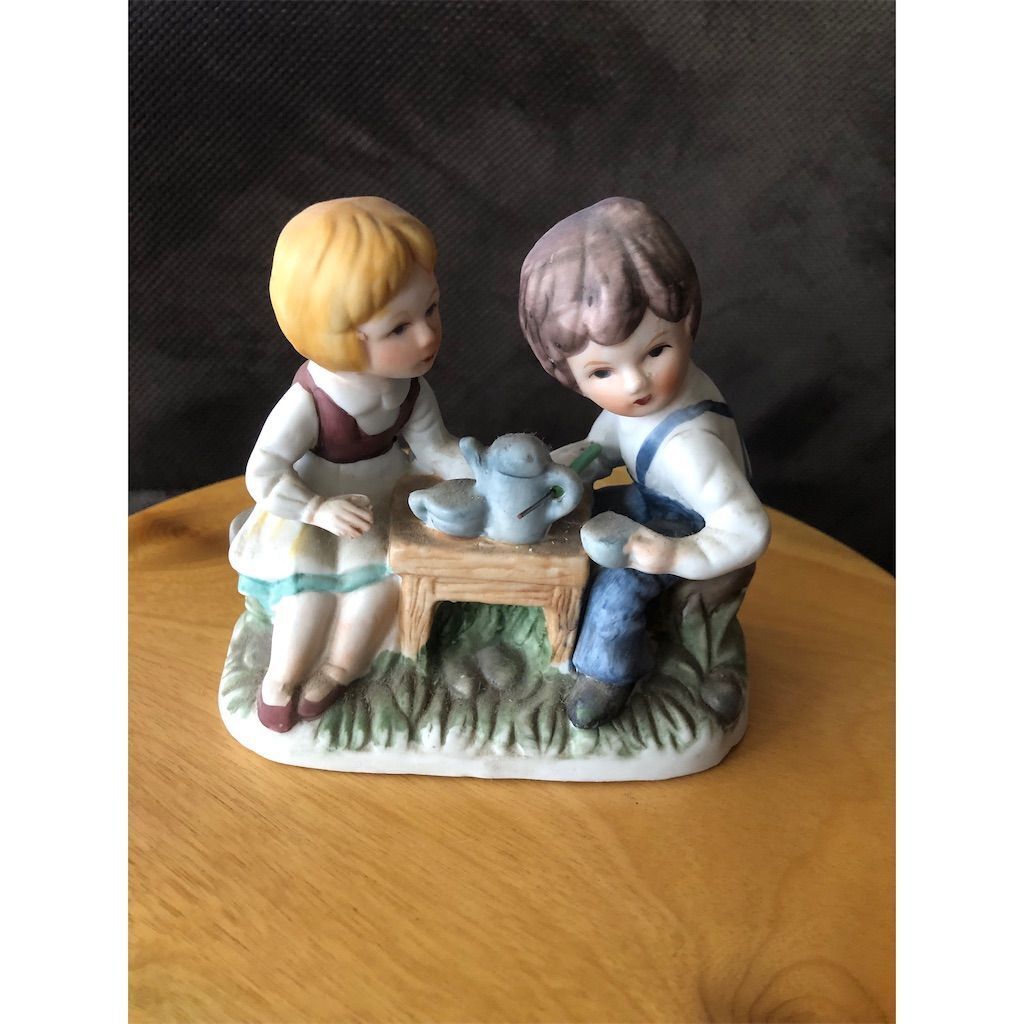 Vintage Hand-Painted Porcelain Figurine - Boy and Girl Tea Party Scene