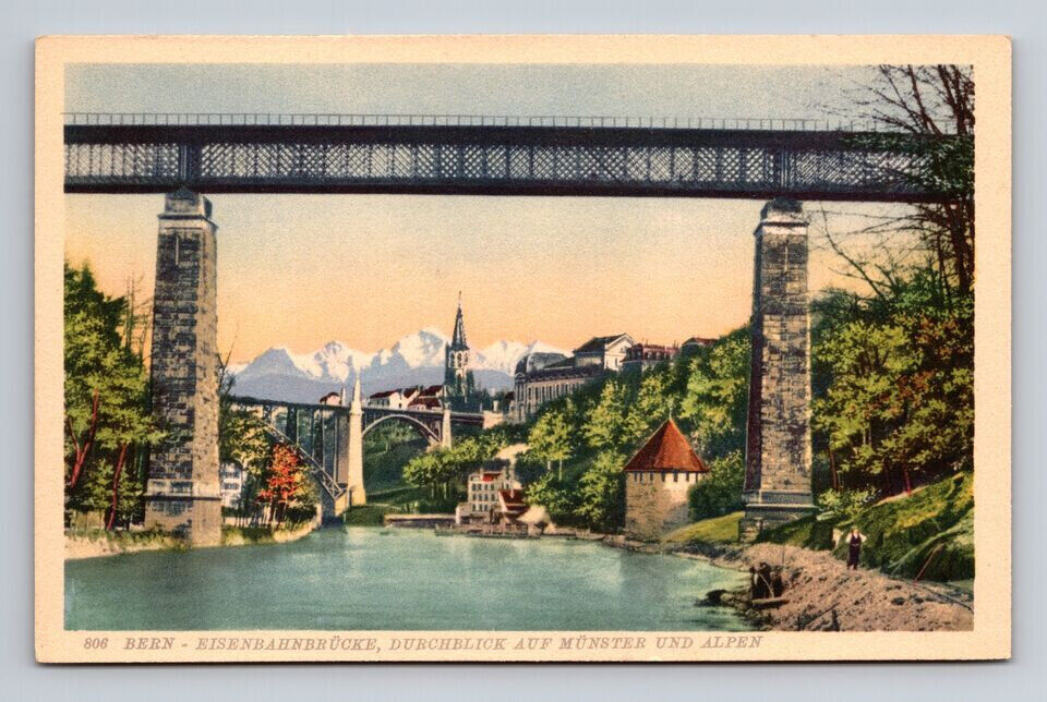 Postcard Bern Bridge Switzerland River View to Munster & Swiss Alps