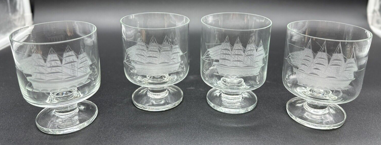 The CLIPPER SHIP By TOSCANY Nautical Footed Tumbler ETCHED Glasses SET / Lot 4