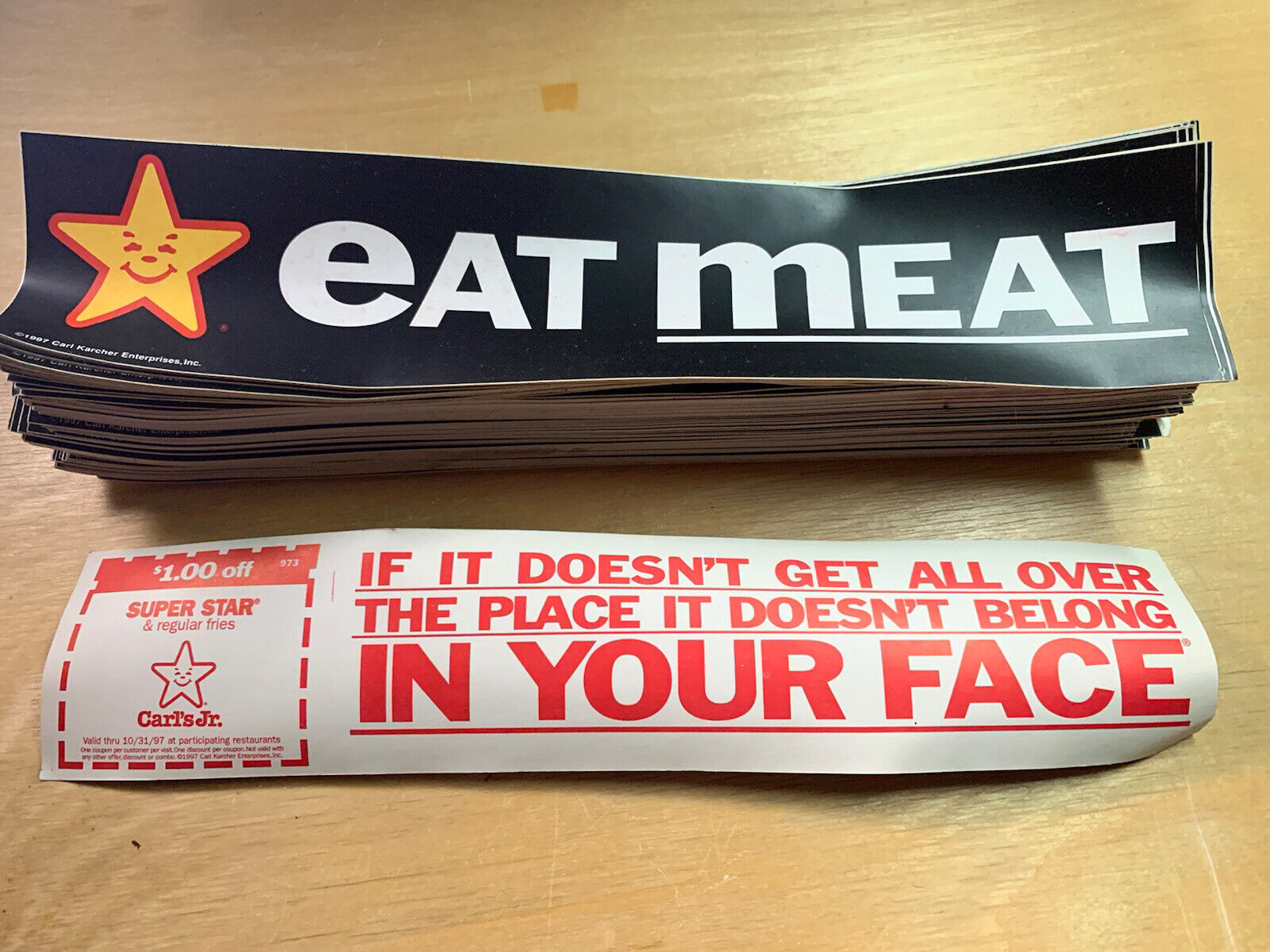 Vintage EAT MEAT Carl’s Jr Bumper Sticker 1997 Vegan Funny Naughty