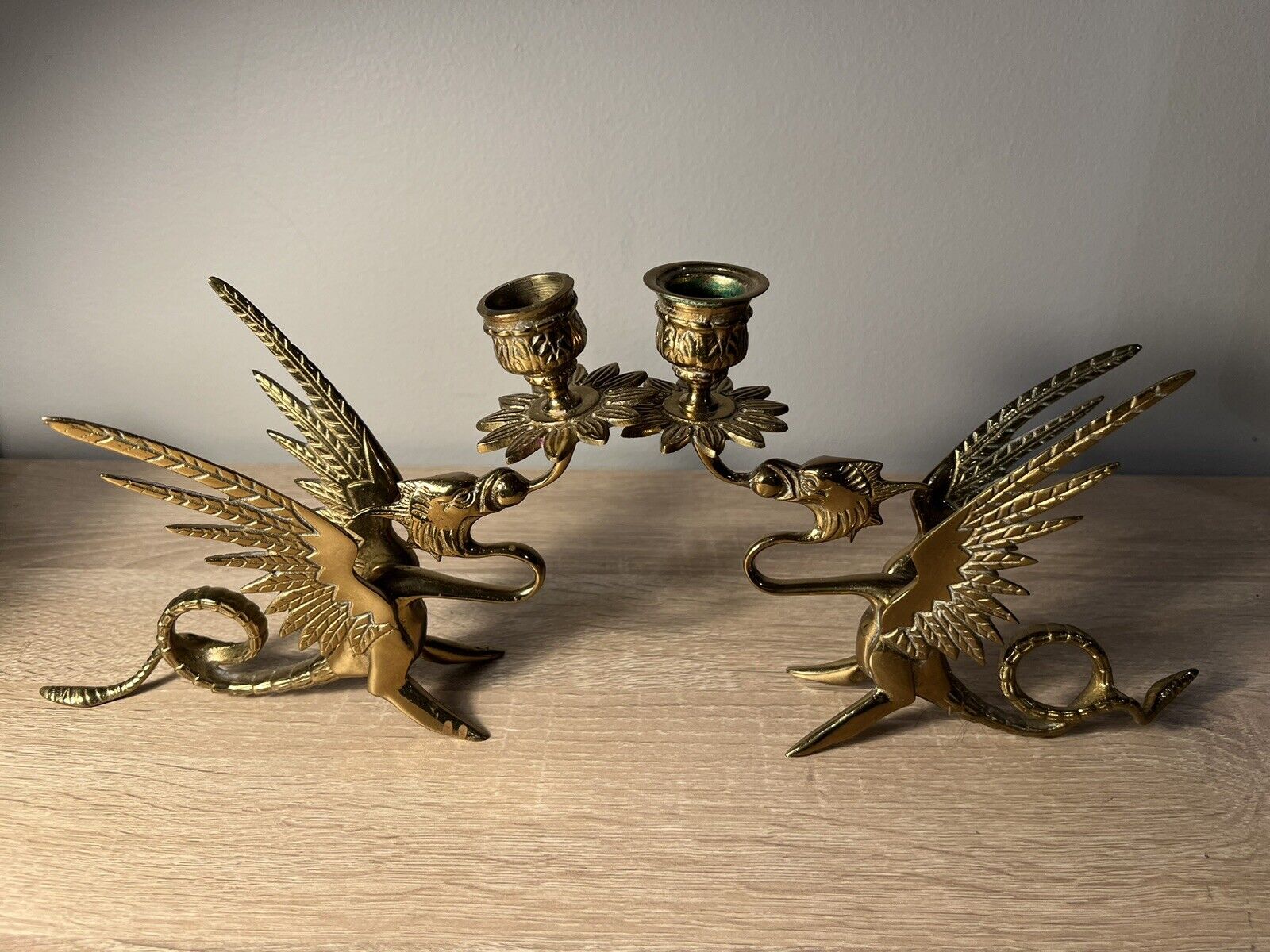 Solid Brass Phoenix Dragon Candle Holders Griffin Gryphon Antique Vintage Pair