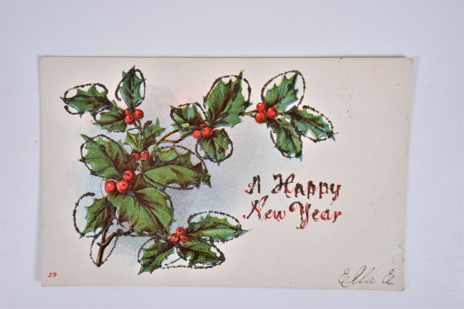 Vintage C 1906 A Happy New Year Holly Branch with Glitter Postcard Quakertown PA