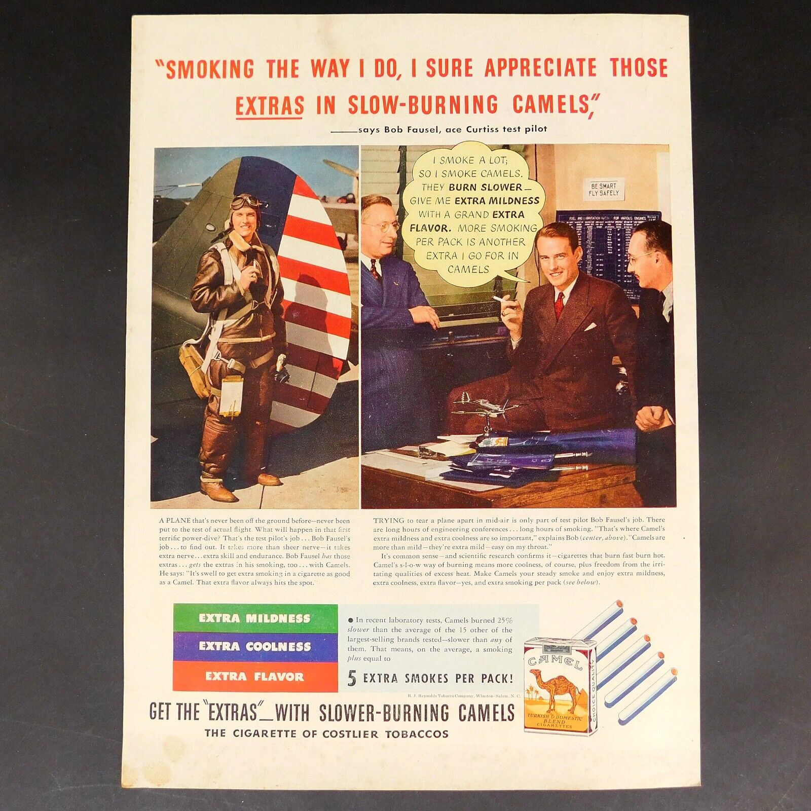 Vintage Print Ad Camel Cigarettes, Fighter Pilot, 1940, Smokes