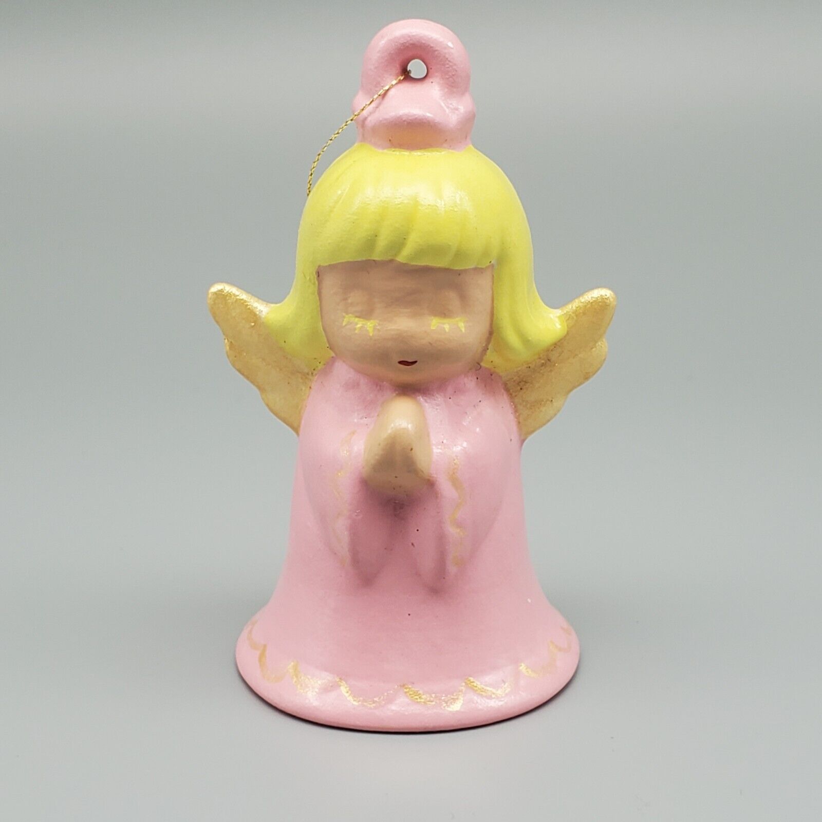 Vintage Praying Angel Christmas Ornament Ceramic Pink Girl Blonde Gold Wings
