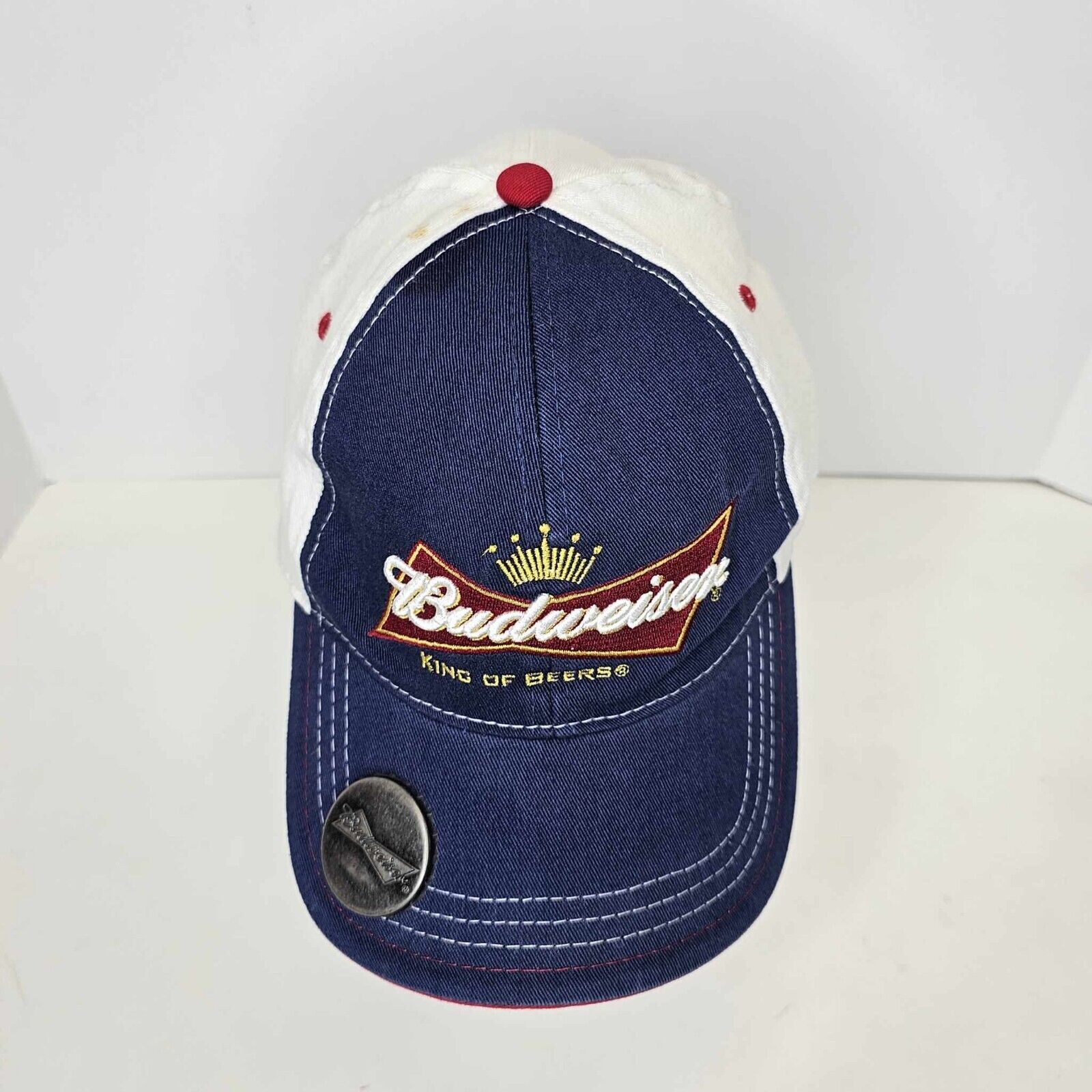 Budweiser King Of Beers Bottle Cap Opener Denim And White Fitted Adult Hat Cap