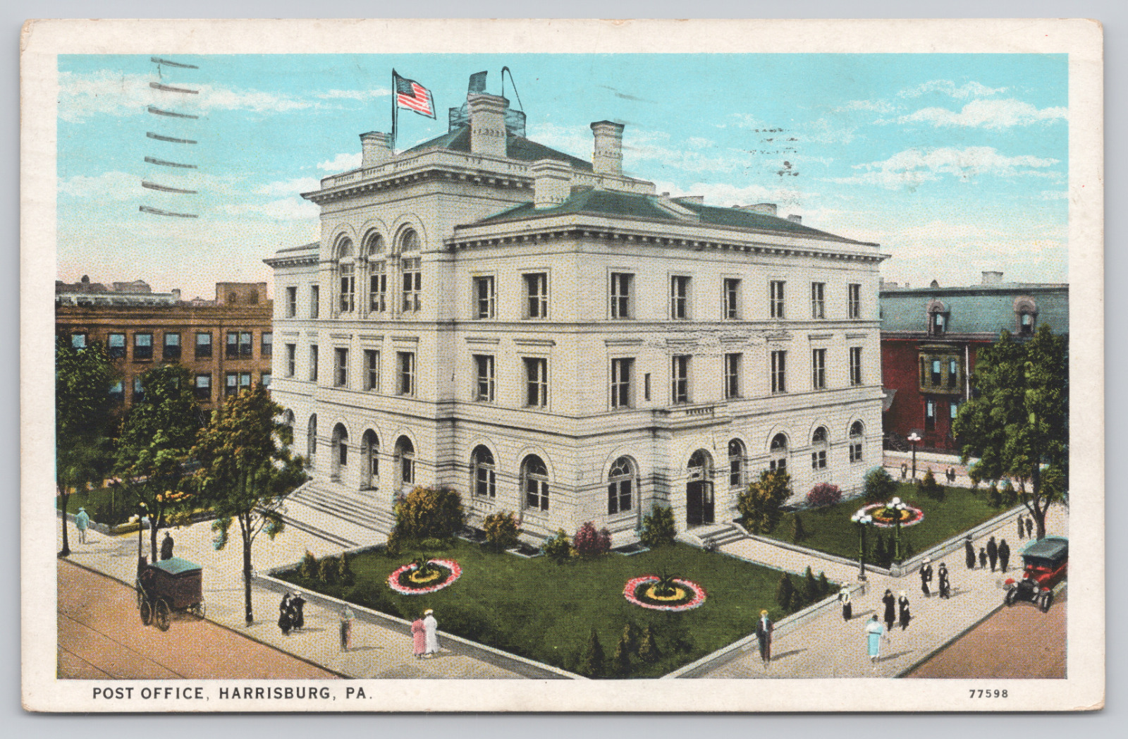 Post Office, Harrisburg PA. c1934 Postcard Horse Carriage Old Car Market Street