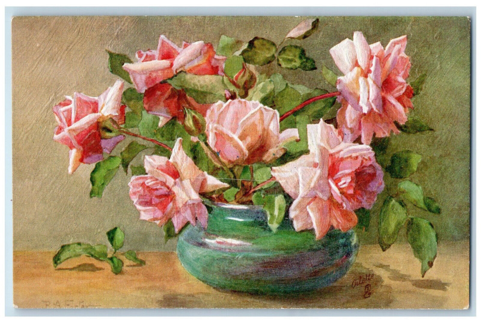 c1910 Pink Roses Favorite Flowers London England Oilfacsim Tuck Art Postcard