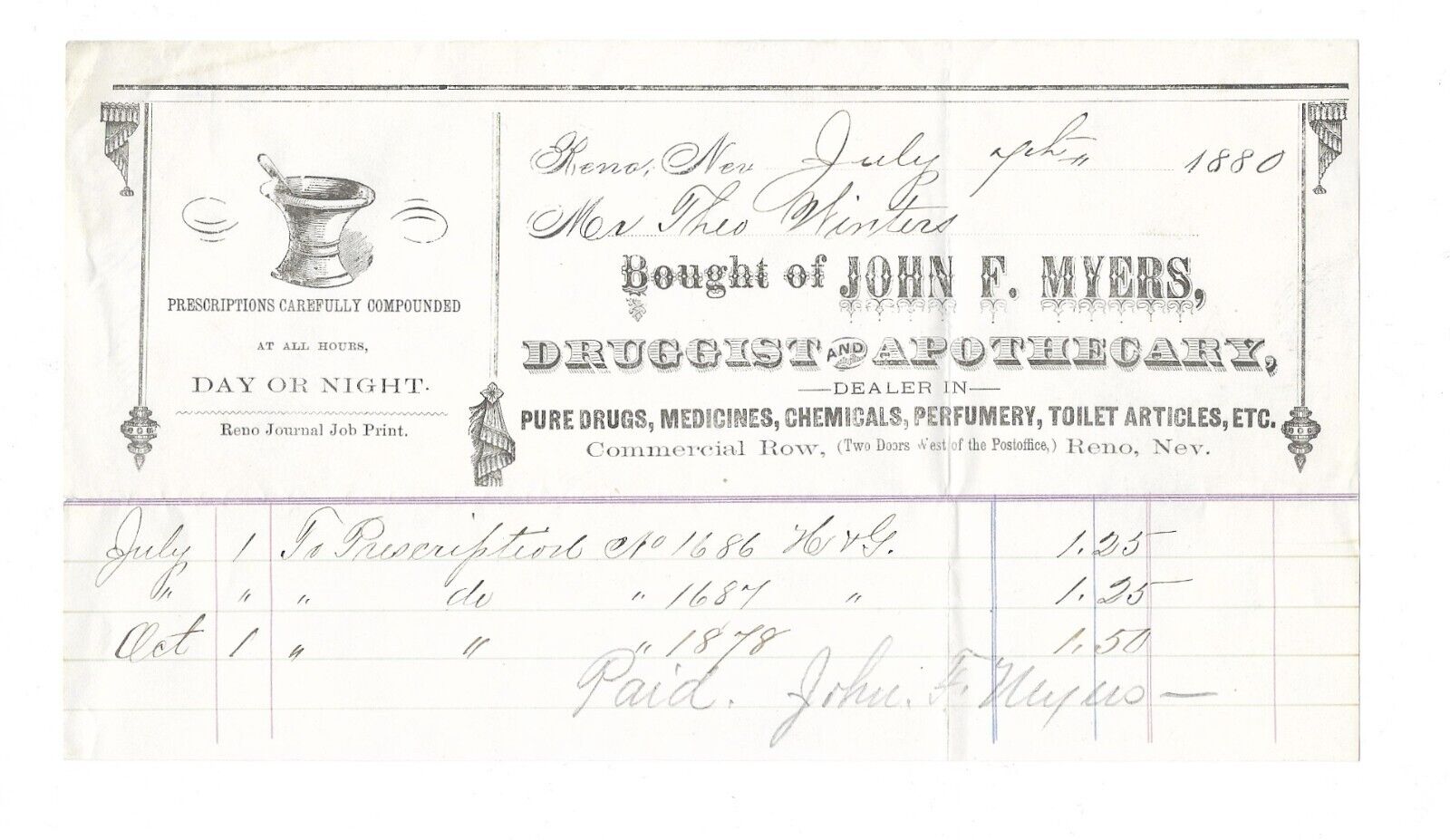 1880 RENO, NEVADA BILLHEAD: Druggist John F. Myers to Rancher Theo. Winters NV