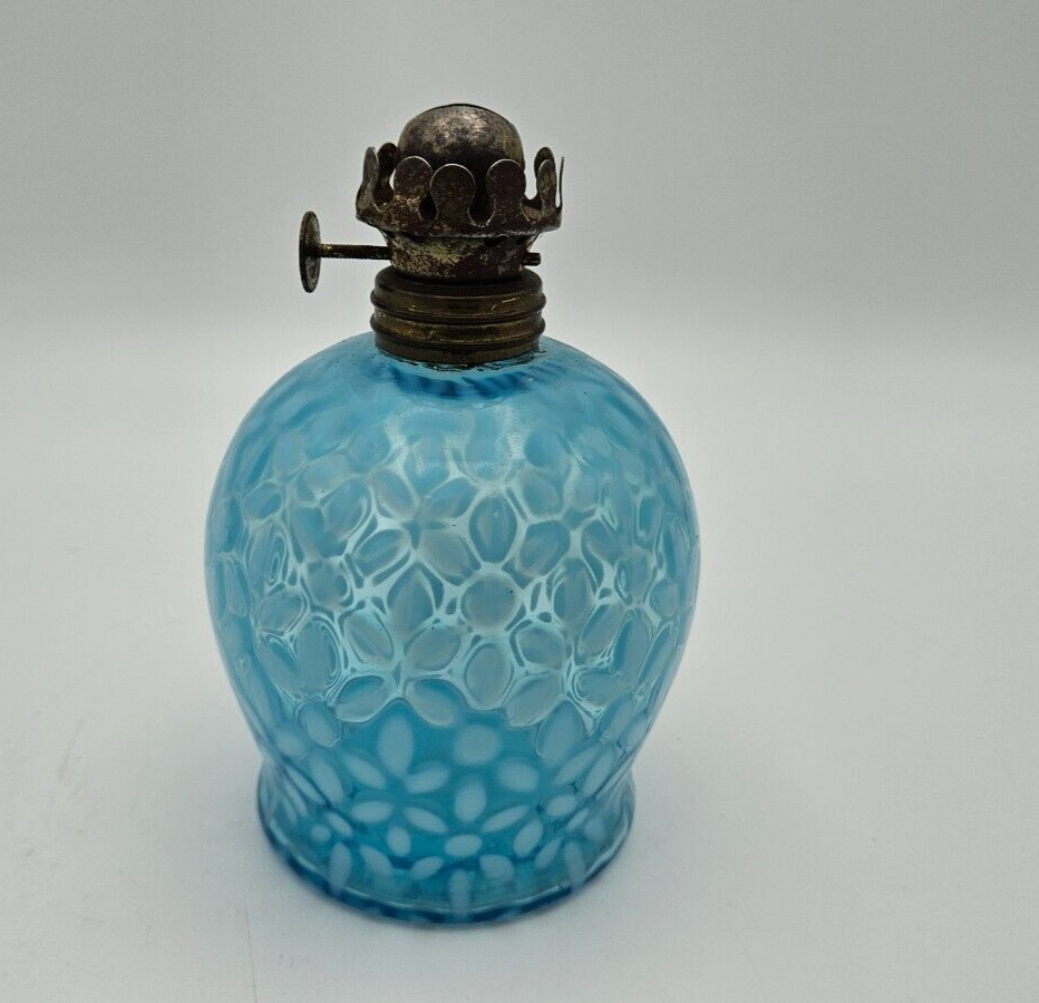 Antique Hobbs Miniature Oil Lamp Blue Opalescent Snowflake Pattern