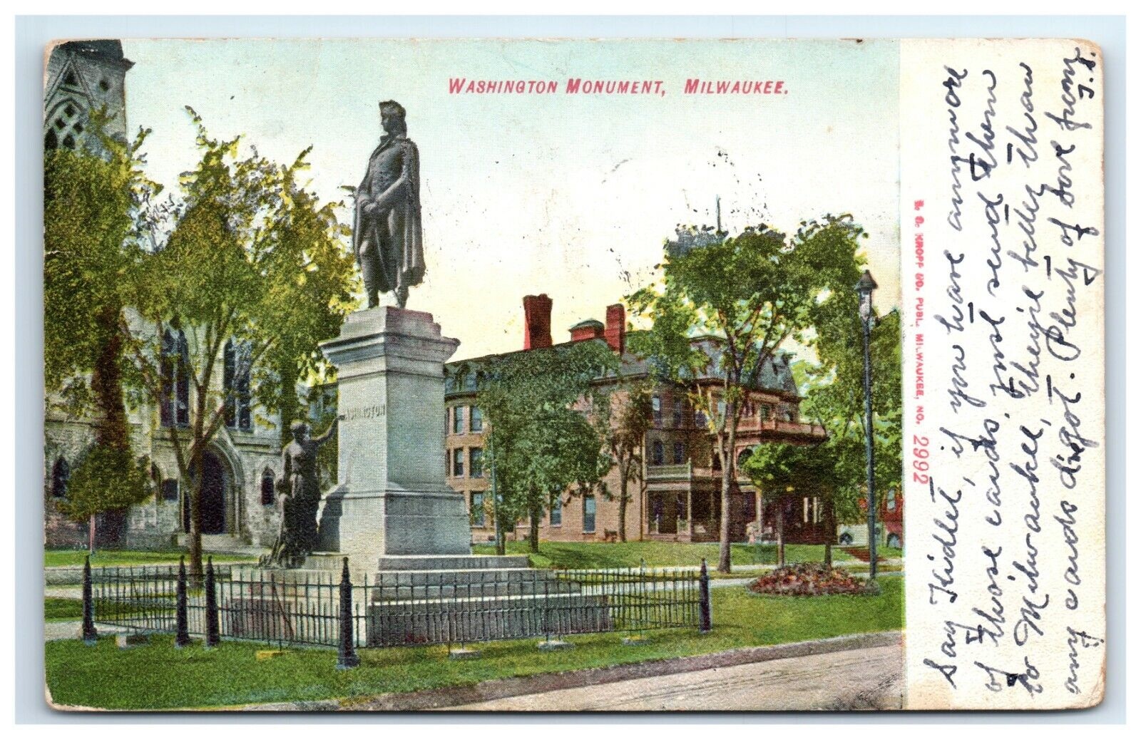 Postcard Washington Monument, Milwaukee WI  1900\'s G16
