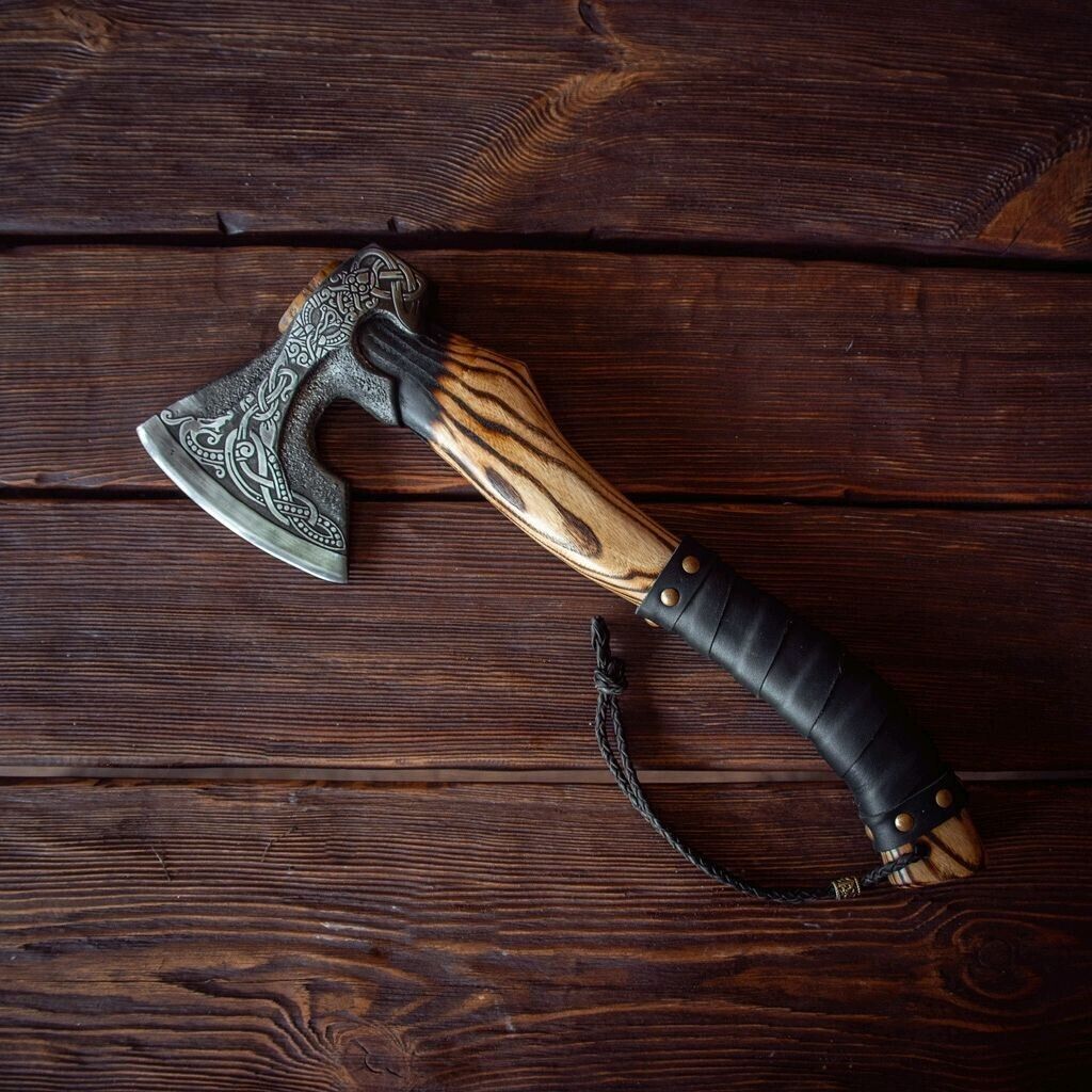 HAND FORGED DAMASCUS STEEL BEST VIKING AXE FOR CAMPING HATCHET ODIN'S VIKING AXE