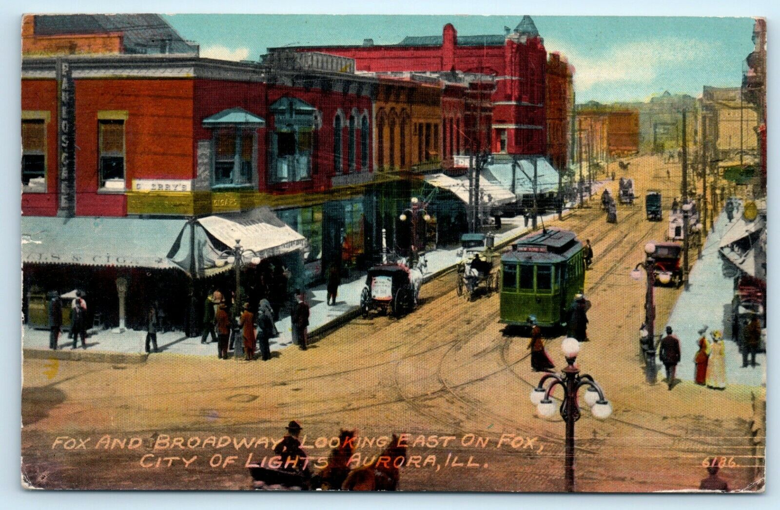 POSTCARD Aurora Illinois Fox and Broadway Streets Looking East Trolley 1912