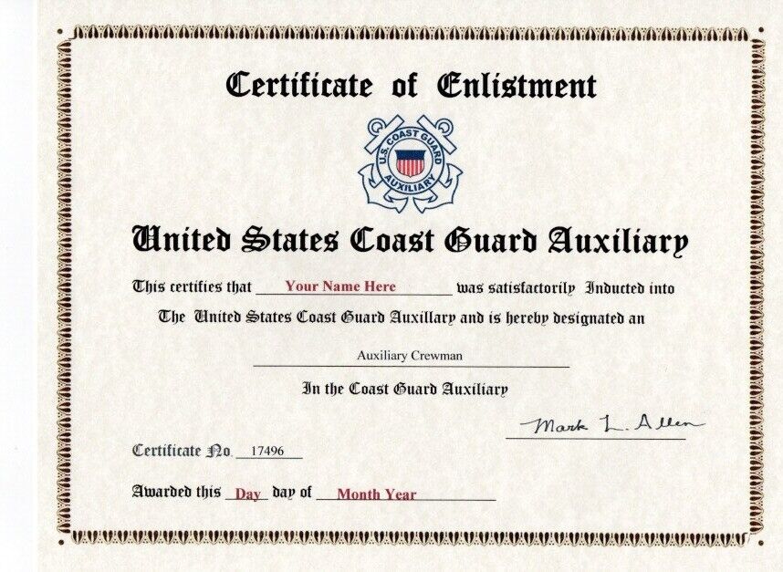 US Coast Guard Auxiliary Certificate of Enlistment  Certificate