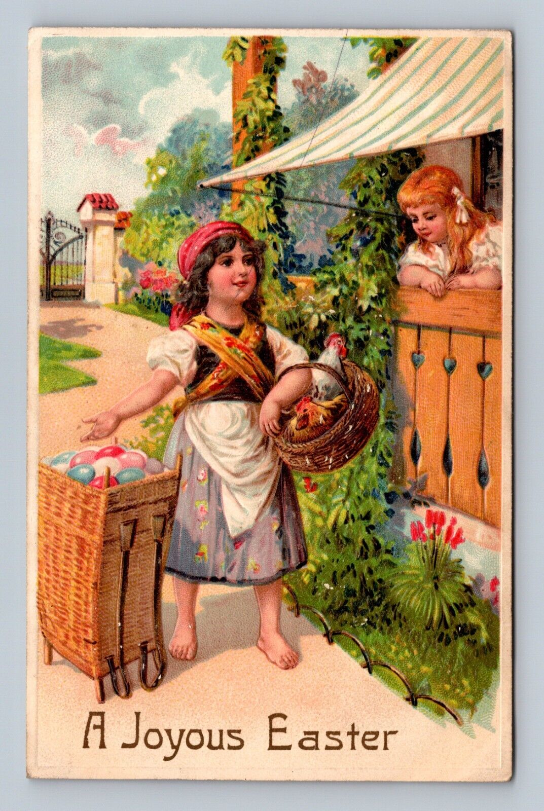 JOYOUS EASTER - PFB 8442 - CHILDREN WITH CART AND EGGS  EMBOSSED POSTCARD