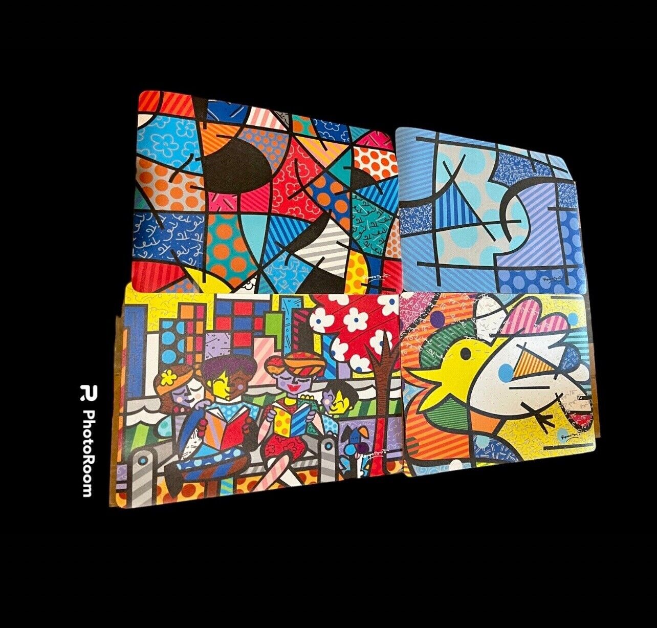 Romero Britto Set 4 Placemats Abstract Vinyl Signed Table Dining Kitchen NOS