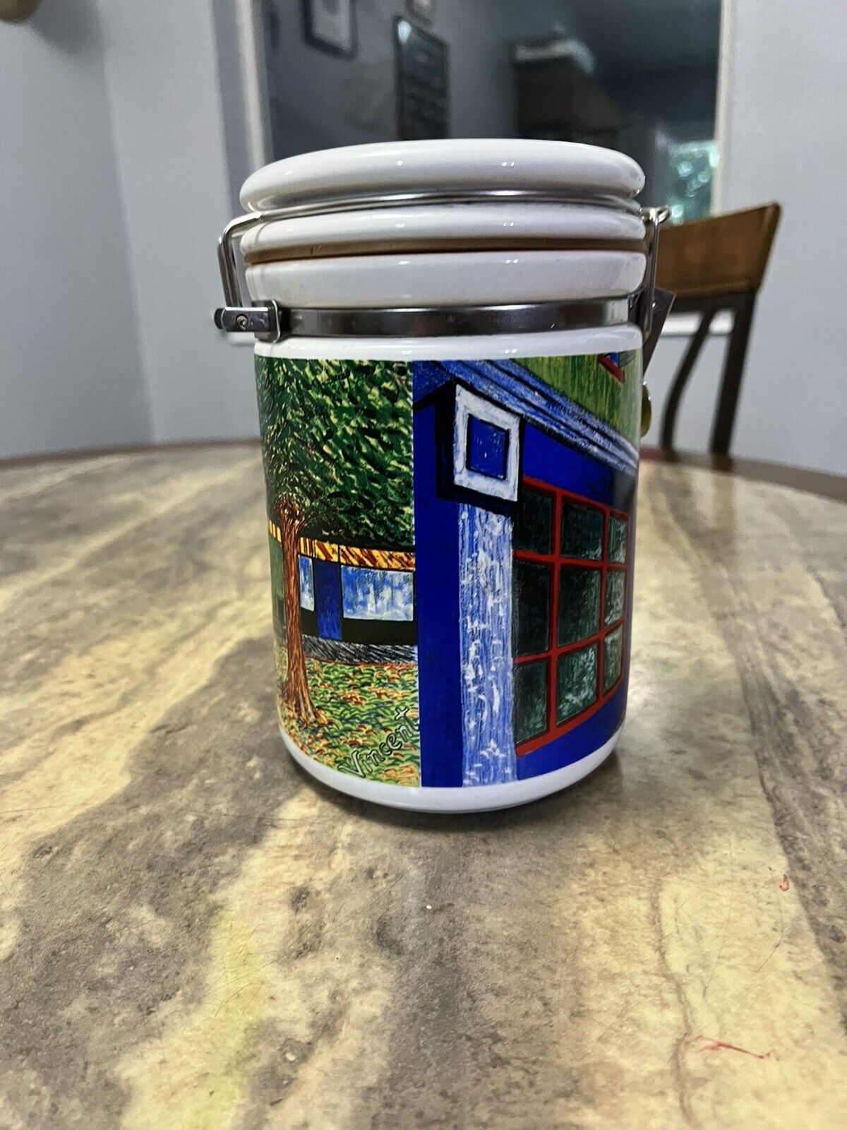 Vintage 90s Starbucks Ceramic Coffee Bean Jar With Vincent Van Gogh Designs.