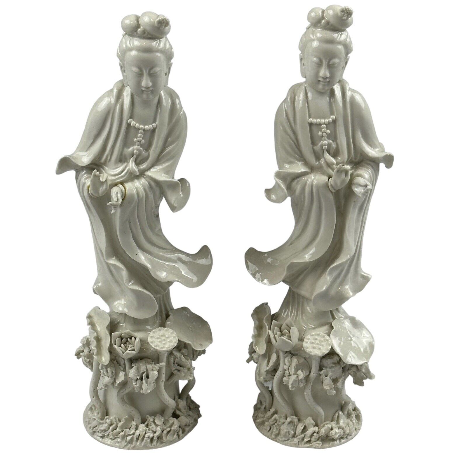 Antique VTG Chinese Guanyin KwanYin Blanc DeChine Porcelain Figurine Statues 12”