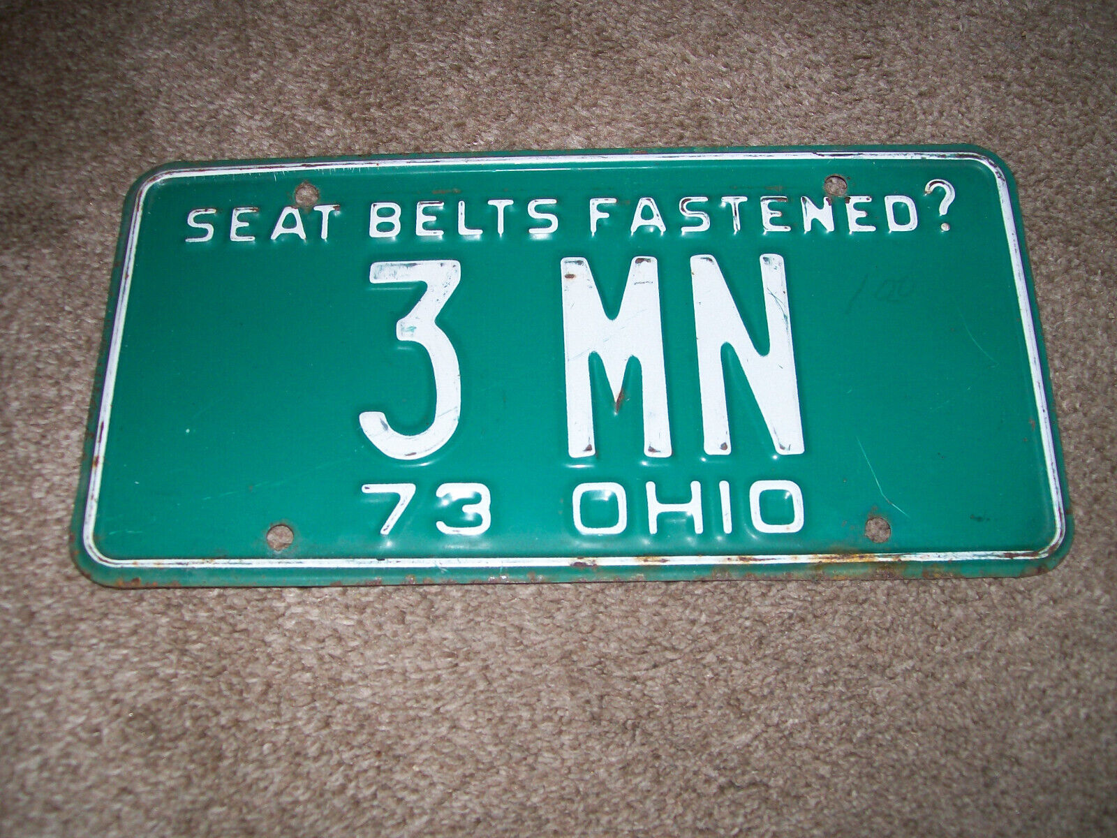 1973 Ohio License Plate 3 MN  (Seat Belts Fastened?) Single Plate