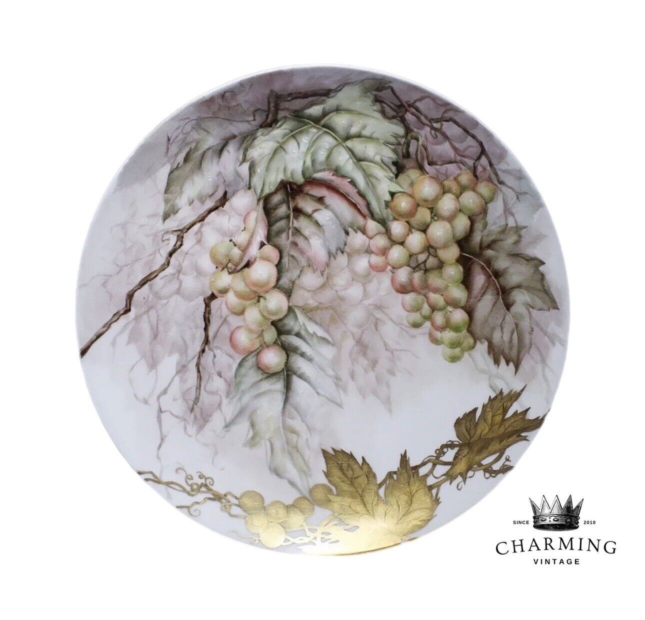 Antique 1894 Antoinette Sayer Signed Hand Painted Porcelain Grape Motif Charger 
