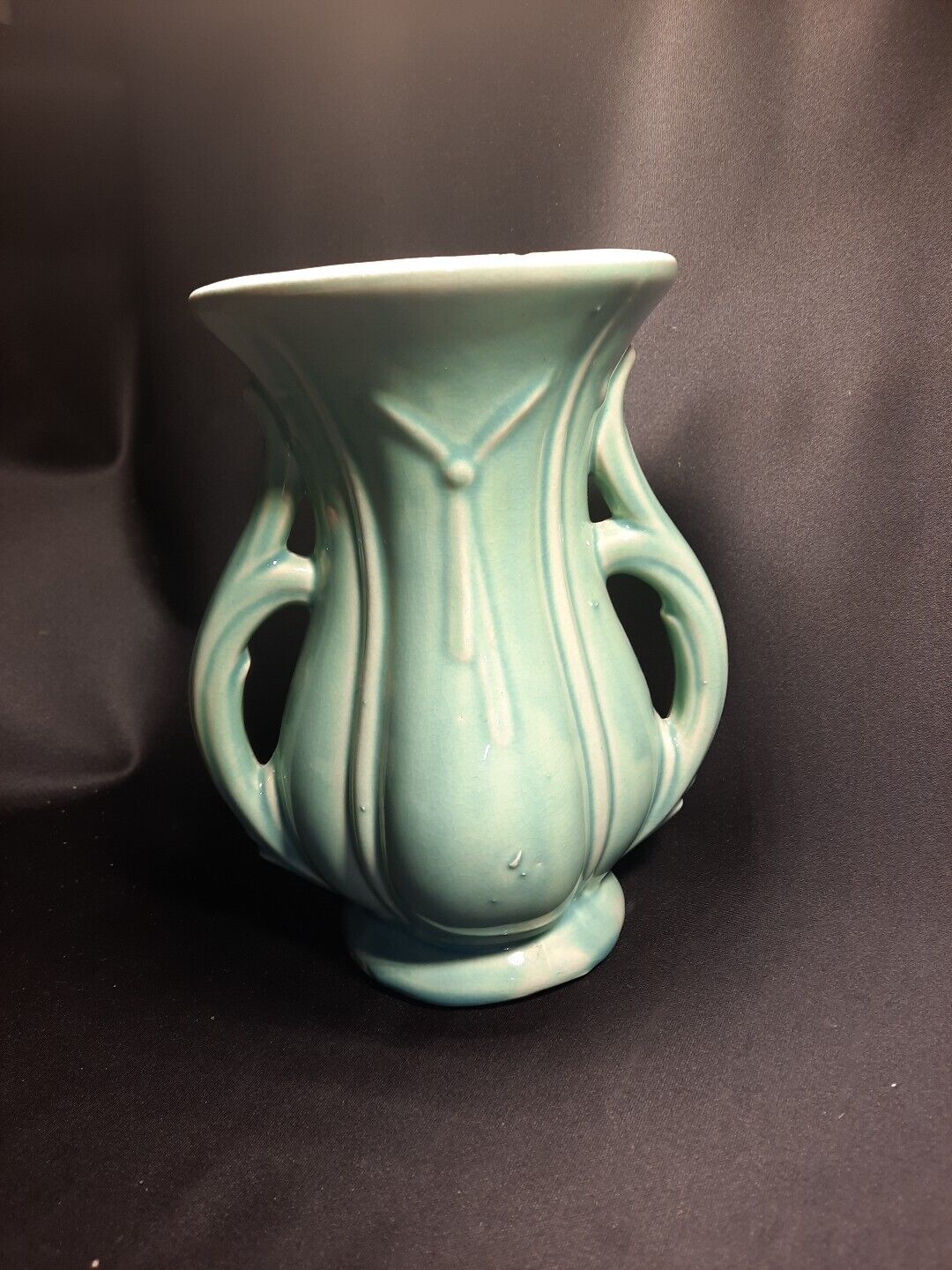 VTG McCoy Pottery Pedestal Urn Pale Turquoise Glossy Handled Vase Signed UNIQUE 