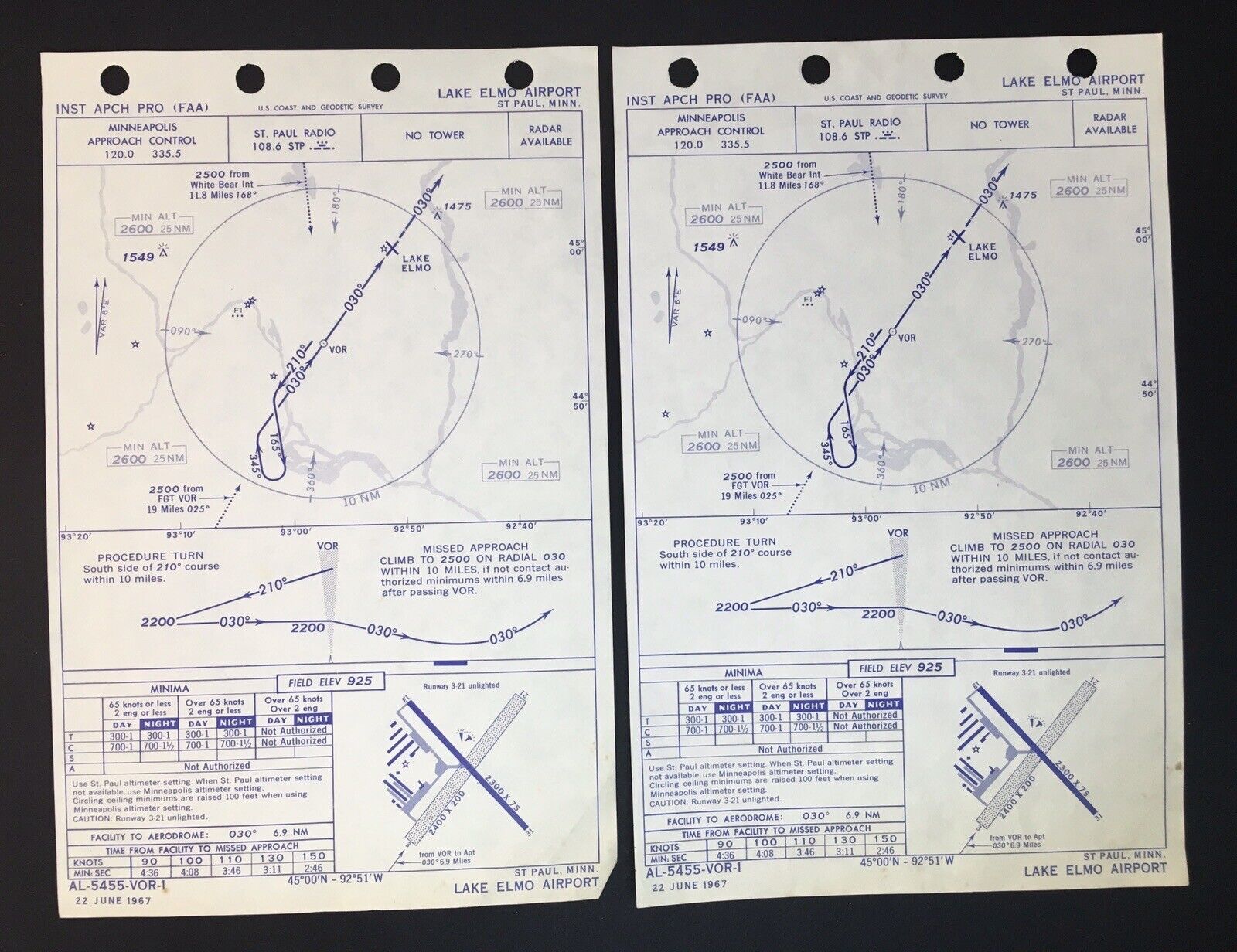 Lake Elmo Airport Instrument Approach Procedures Map St. Paul MN Vintage 1967
