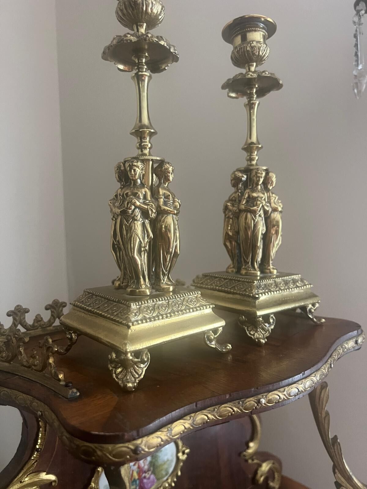 Antique Pair of Candlestick Brass Three Graces Mid 1800s