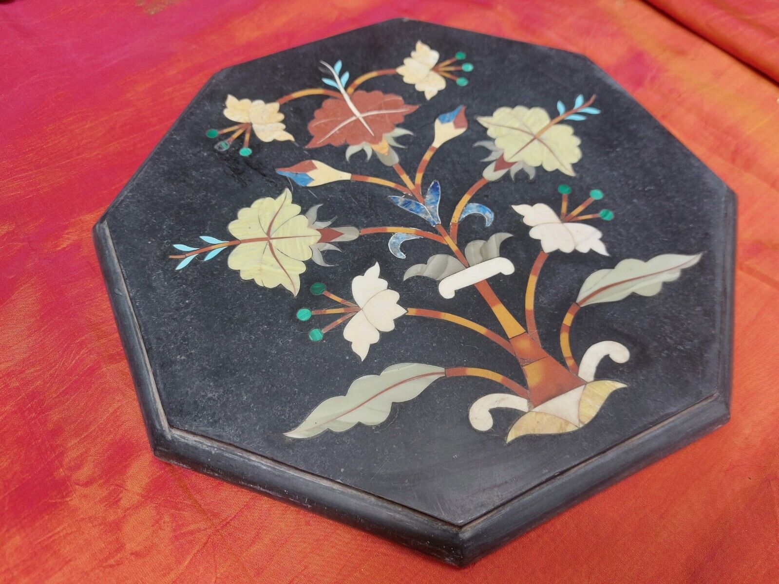 Floral Pietra Dura Inlay Marble Black Tabletop Semi-precious stones Sculpture T