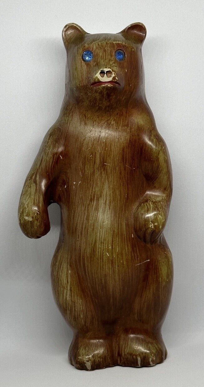 Vintage Standing Brown Bear Figurine Blue Gem Eyes Faux Wood Plastic 7.5”