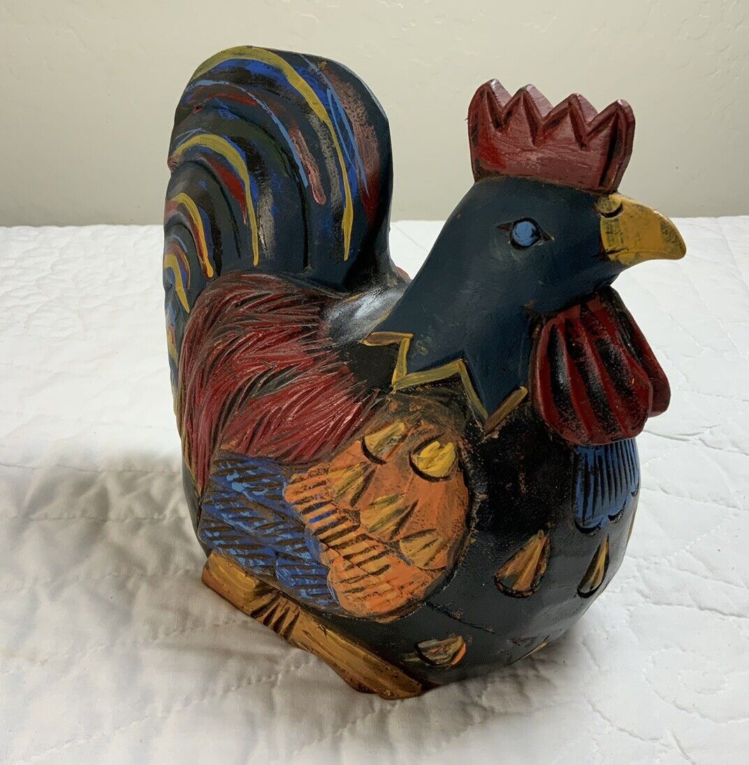 Folk Art Rooster Figurine, Wood, Hand Carved, Hand Painted