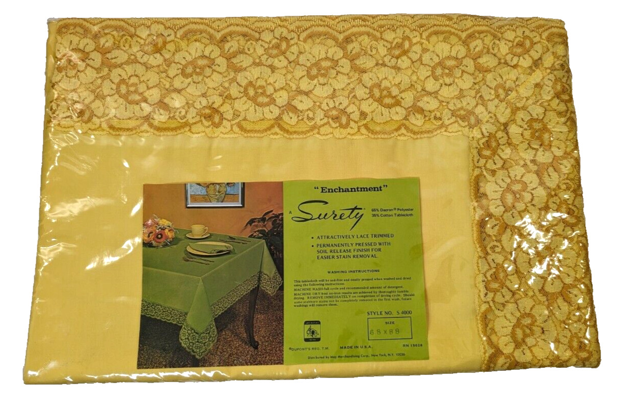 Vintage Yellow Lace Trimmed Surety Enchantment Tablecloth 68x88 Rectangle NOS