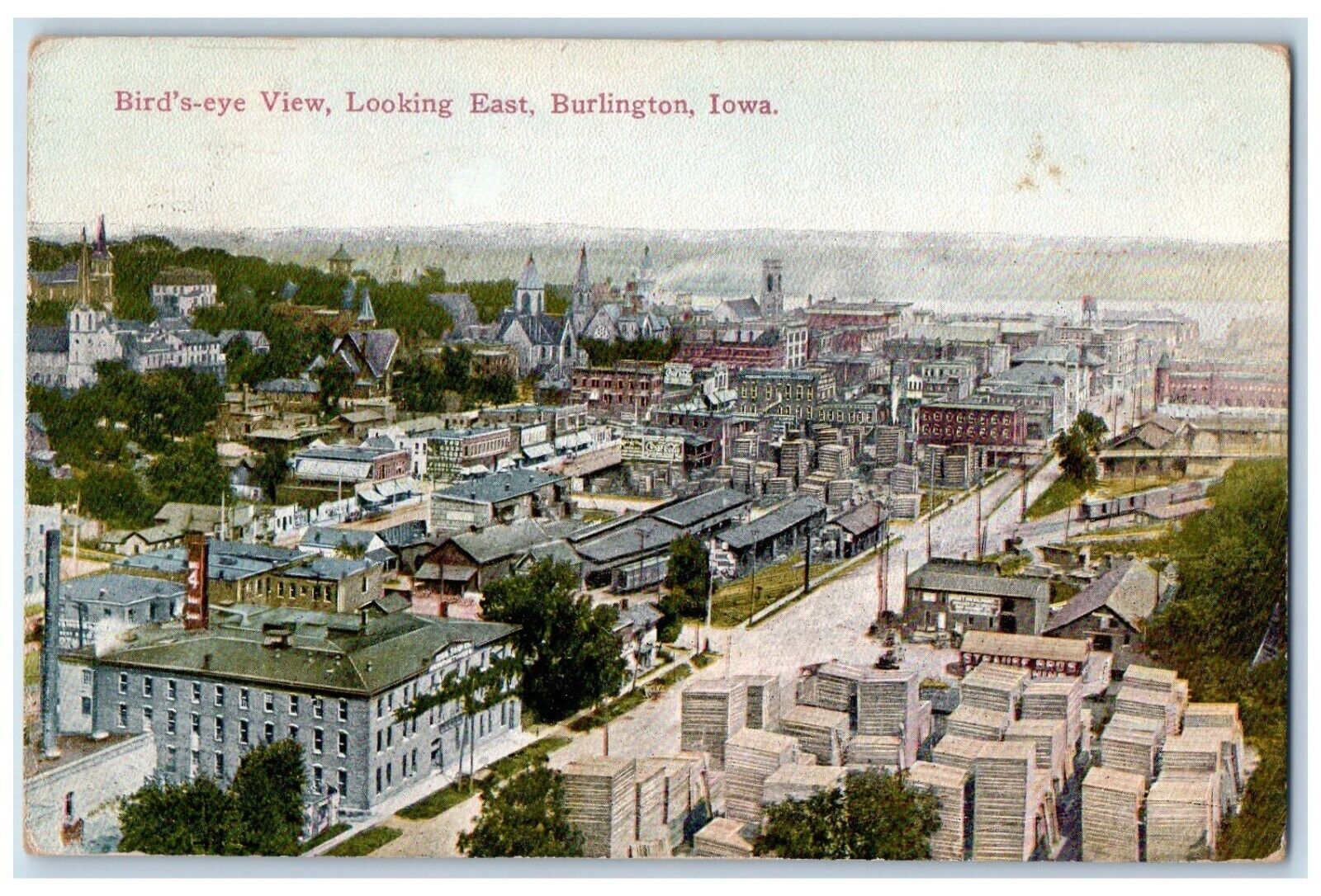 1924 Bird\'s Eye View Looking East Burlington Iowa IA Antique Postcard