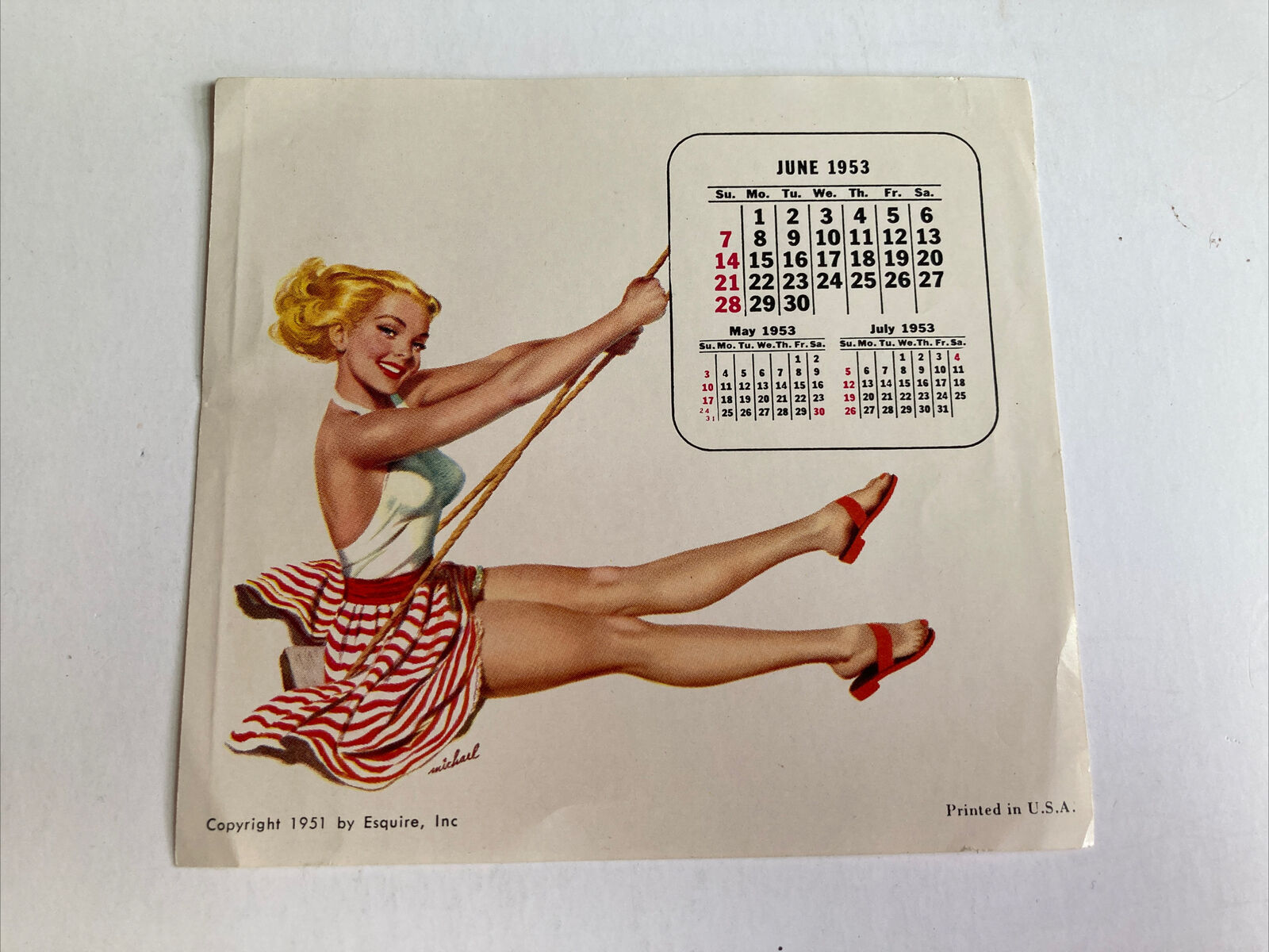 Vintage Esquire Michael Silver sexy pinup desk calendar page swing June 1953