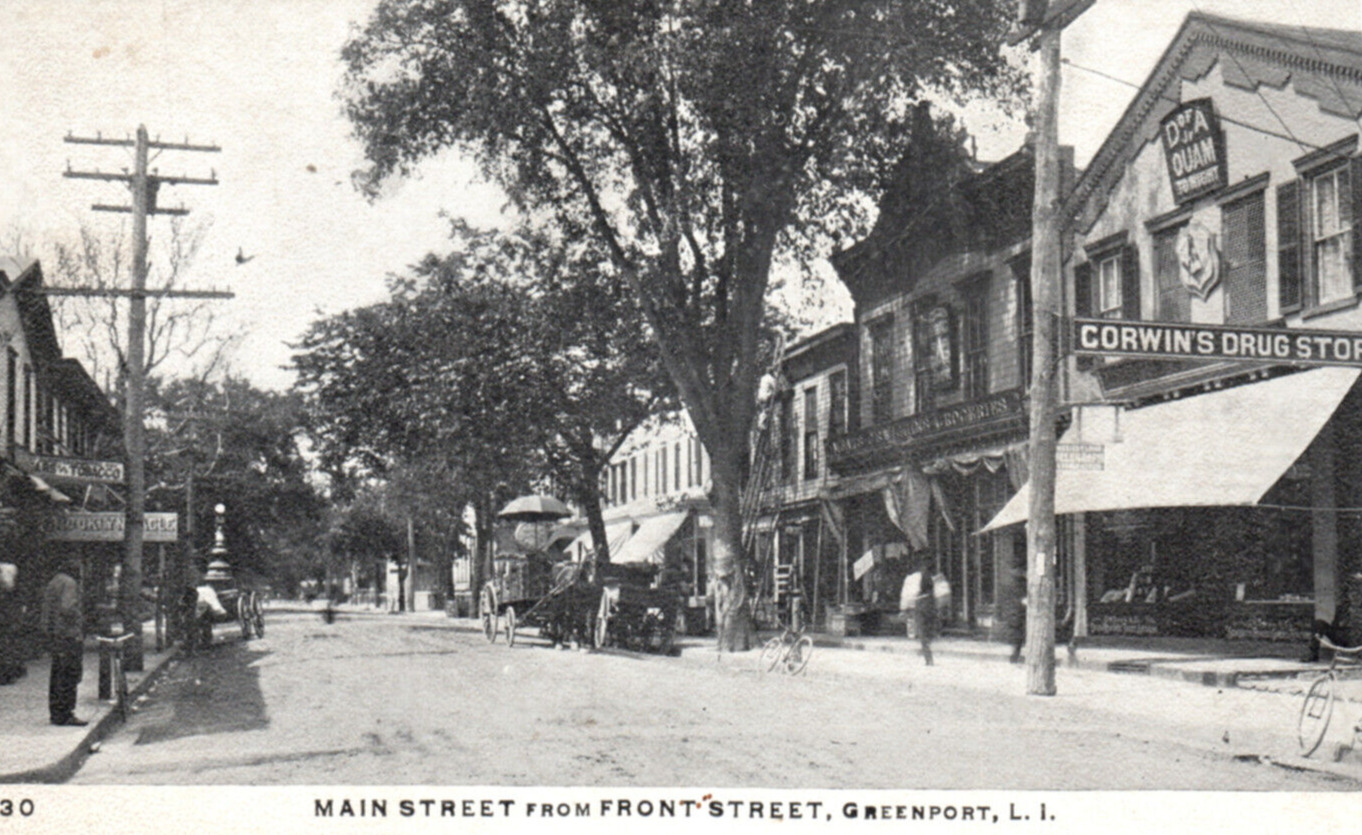 Greenport New York Main Front Street Dirt Road Stores Wagon Bicycle Postcard