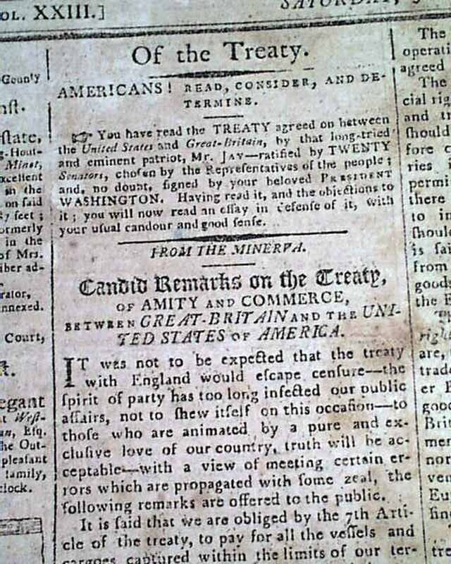 GEORGE WASHINGTON Treaty of Amity & Commerce - JAY TREATY 1795 Boston Newspaper