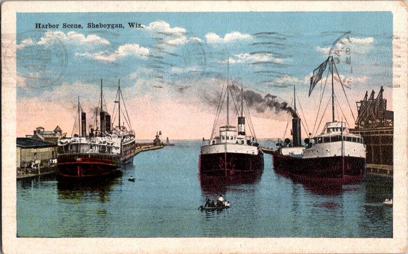 Vintage Postcard Harbor Scene Sheboygan WI Wisconsin Ships Docks 1919      E-127