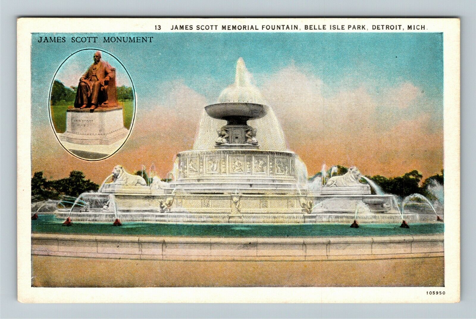Detroit MI-Michigan, Scott Fountain, Belle Isle Park Vintage Souvenir Postcard