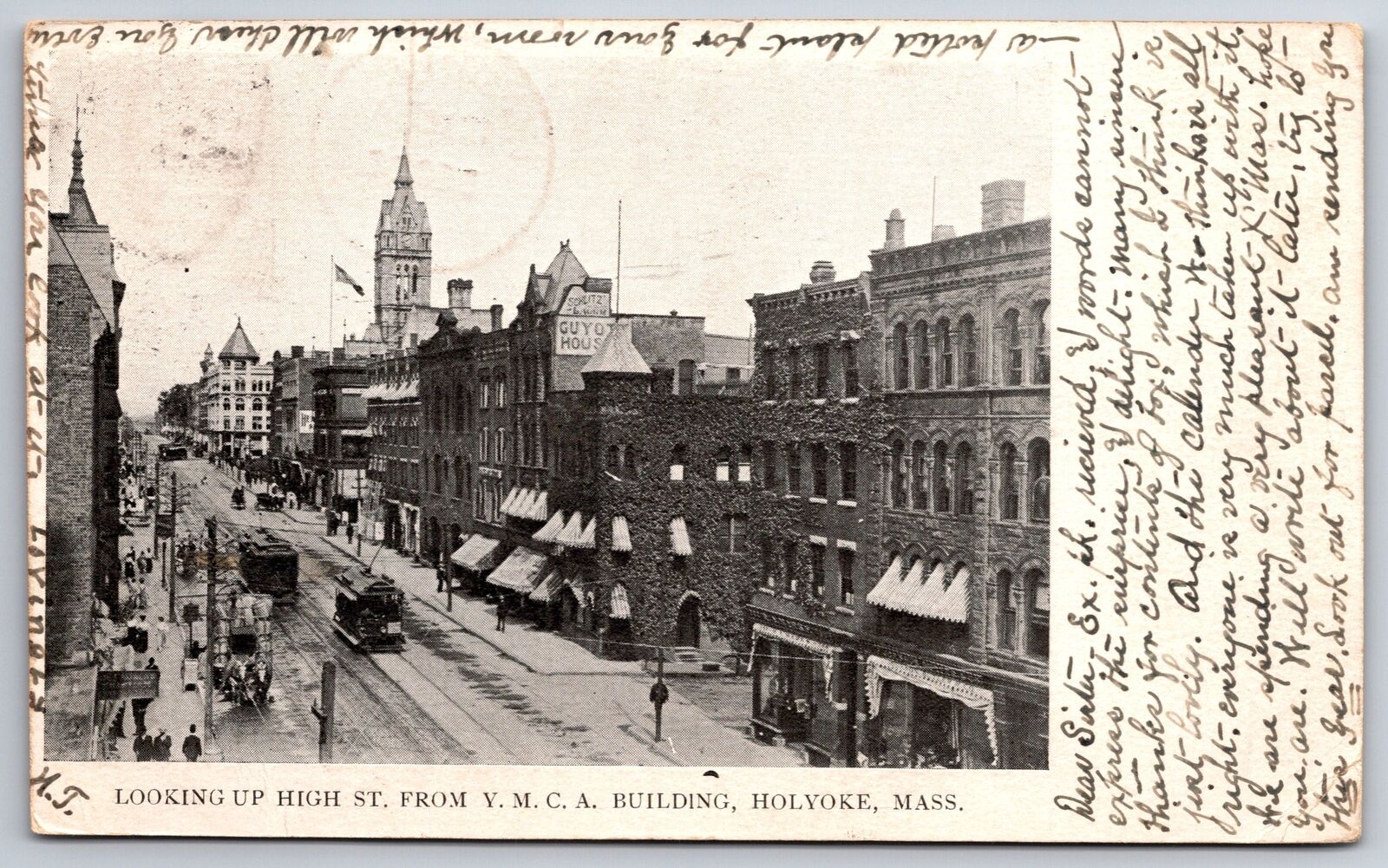 Holyoke Massachusetts~High Street @ YMCA Building~Downtown~1905 B&W Postcard