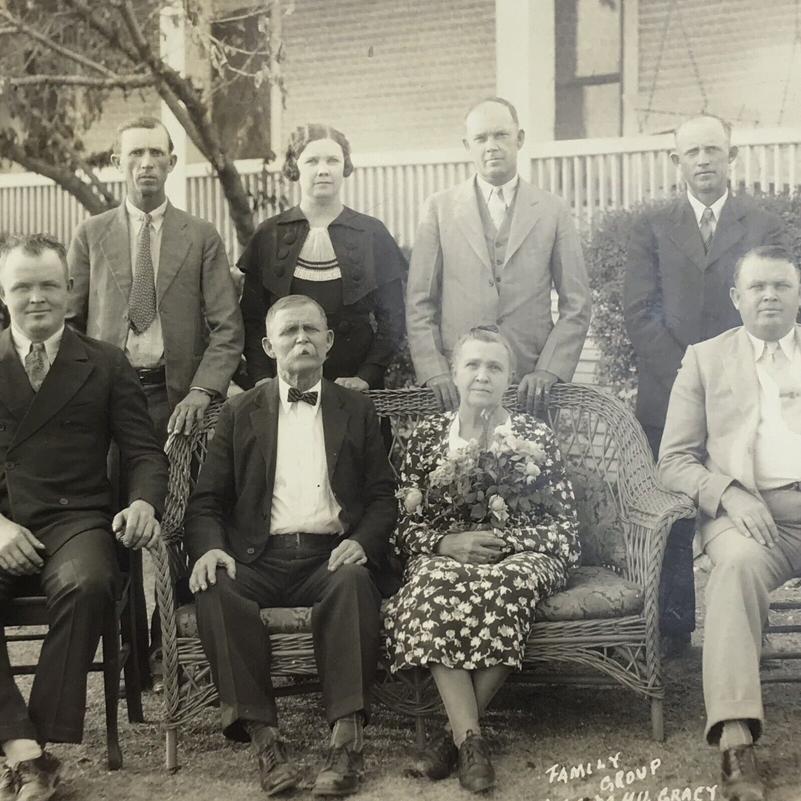 Vintage 1934 Sepia Photo Gracy Family Group Men Women Anna Texas House Yard 