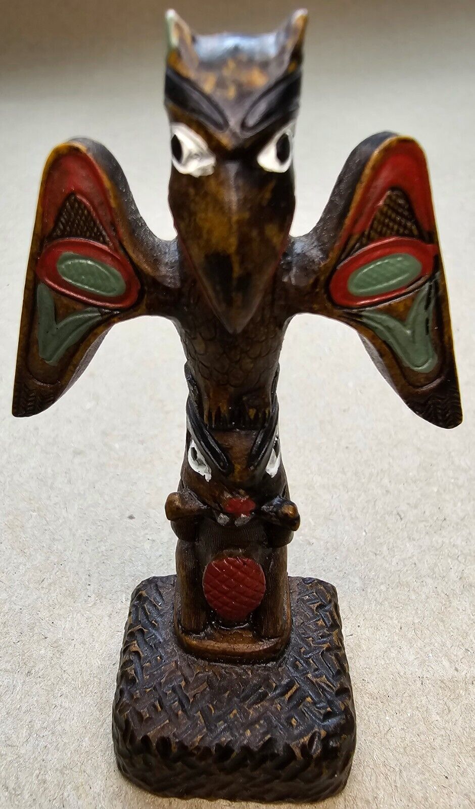 Vintage Mini Totem Boma Raven Thunderbird + Bear Mother Hand Painted Carved B55